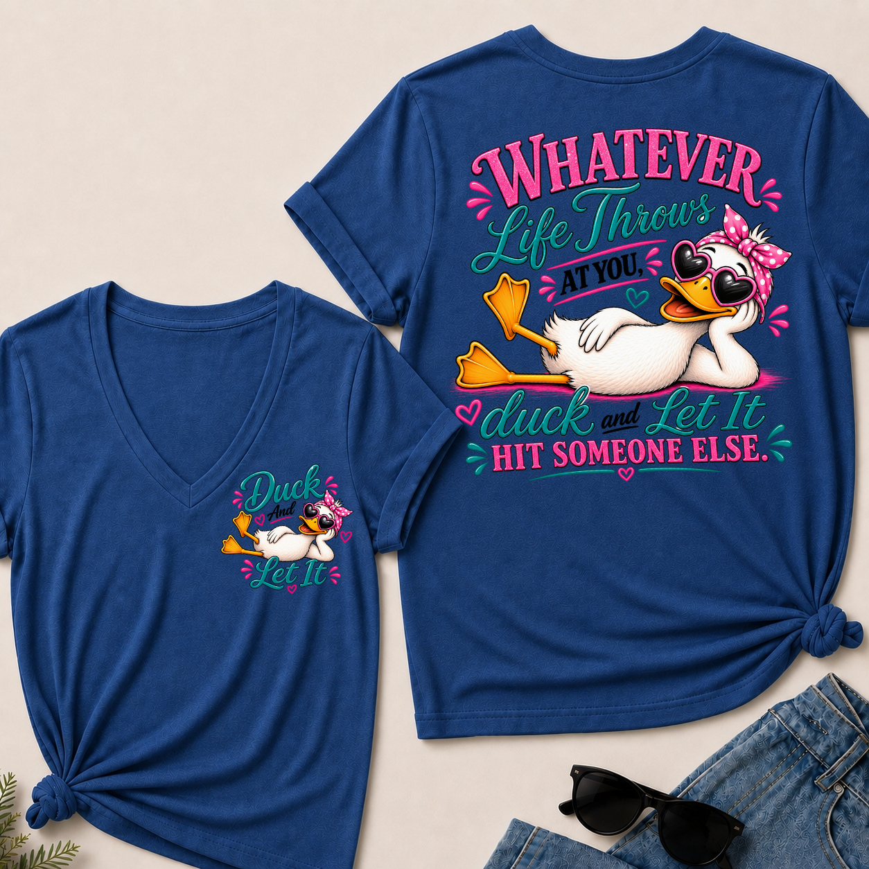 `Funny Sarcastic Duck T-Shirt | Whatever Life Throws At You Cartoon Duck Front And Back Print V-Neck Graphic Tee`