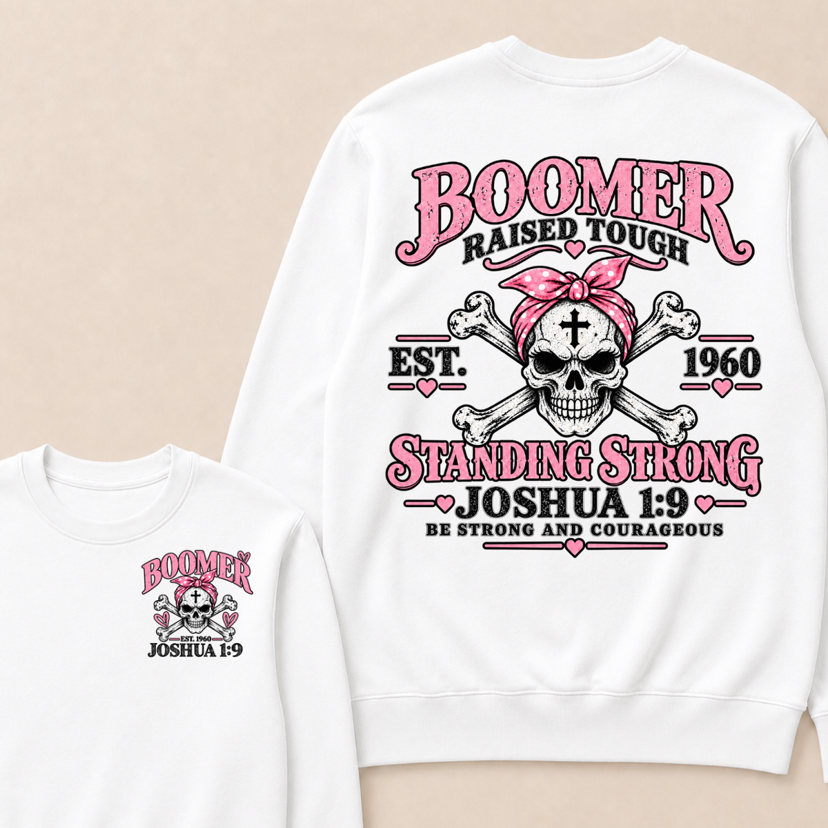 Boomer Raised Tough Pink Bandana Skull Double Print Crewneck Sweatshirt