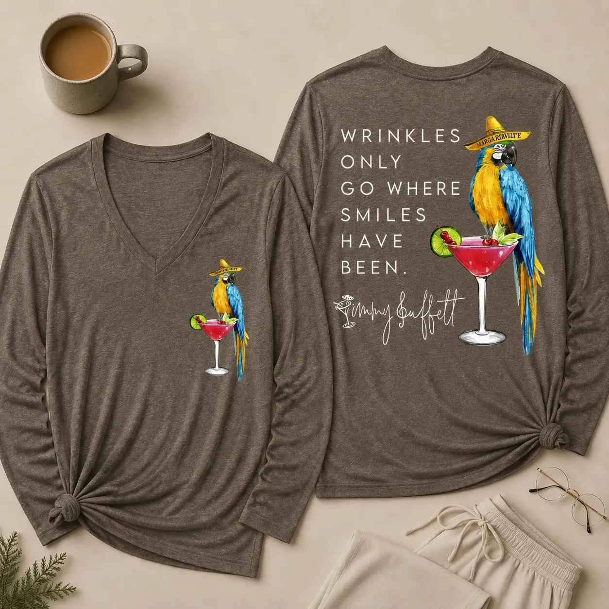 Wrinkles Only Go Where Smiles Have Been V Neck Long Sleeve Shirt