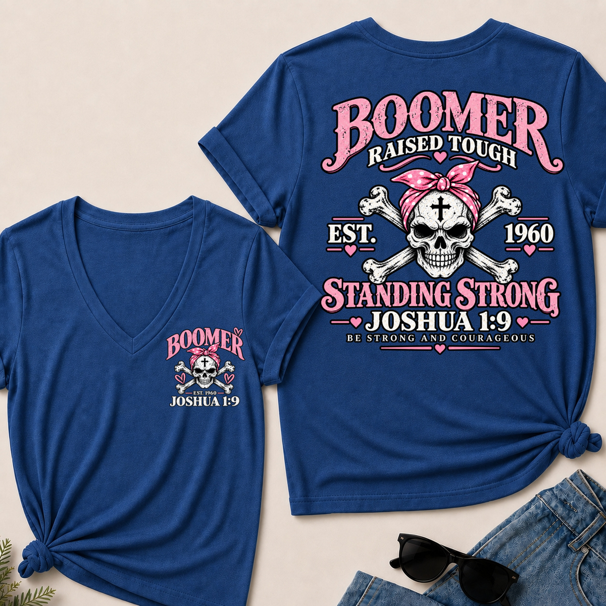 Boomer Standing Strong Scripture Skull V-Neck T-Shirt