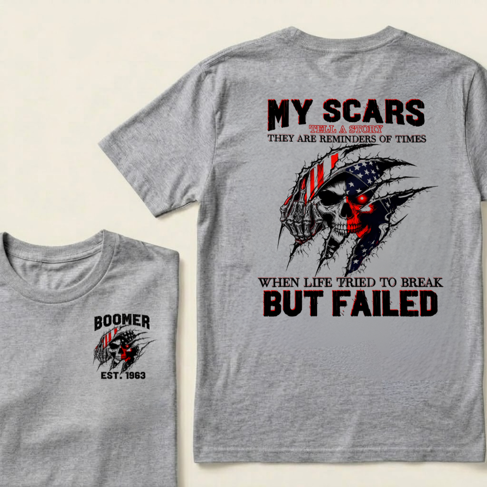 Custom EST.Year & My Scars Tell A Story Double-Sided Patriotic Skull T-Shirt
