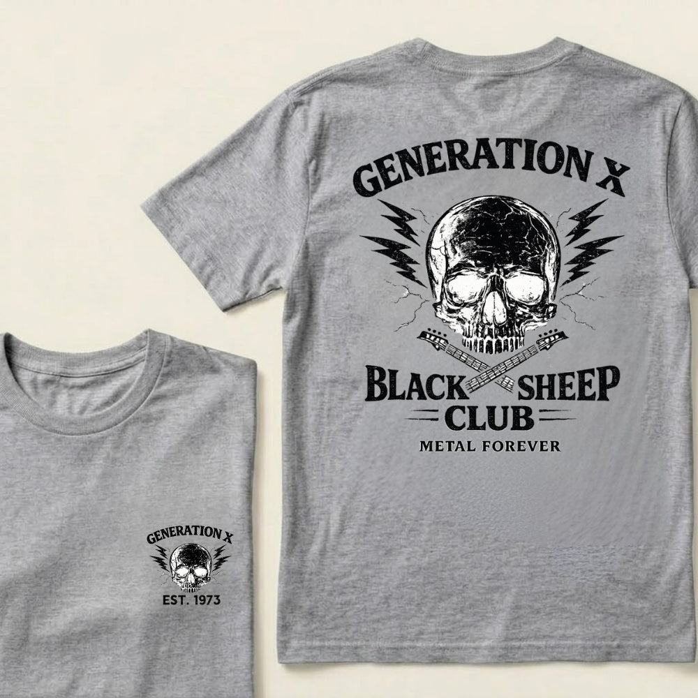 Custom Year Generation X Black Sheep Club Metal Forever Skull Lightning Guitar Graphic T-Shirt