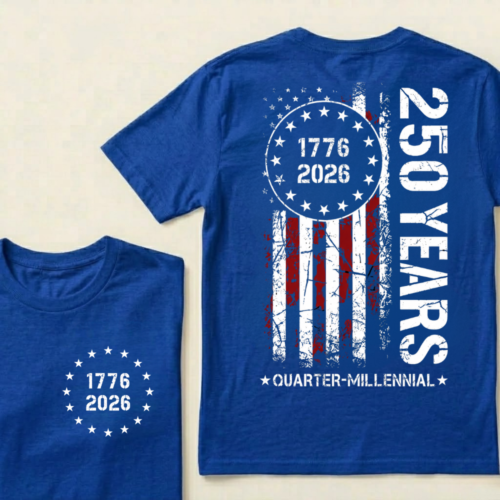 250 Years of Independence Vintage American Flag Back Print T-Shirt