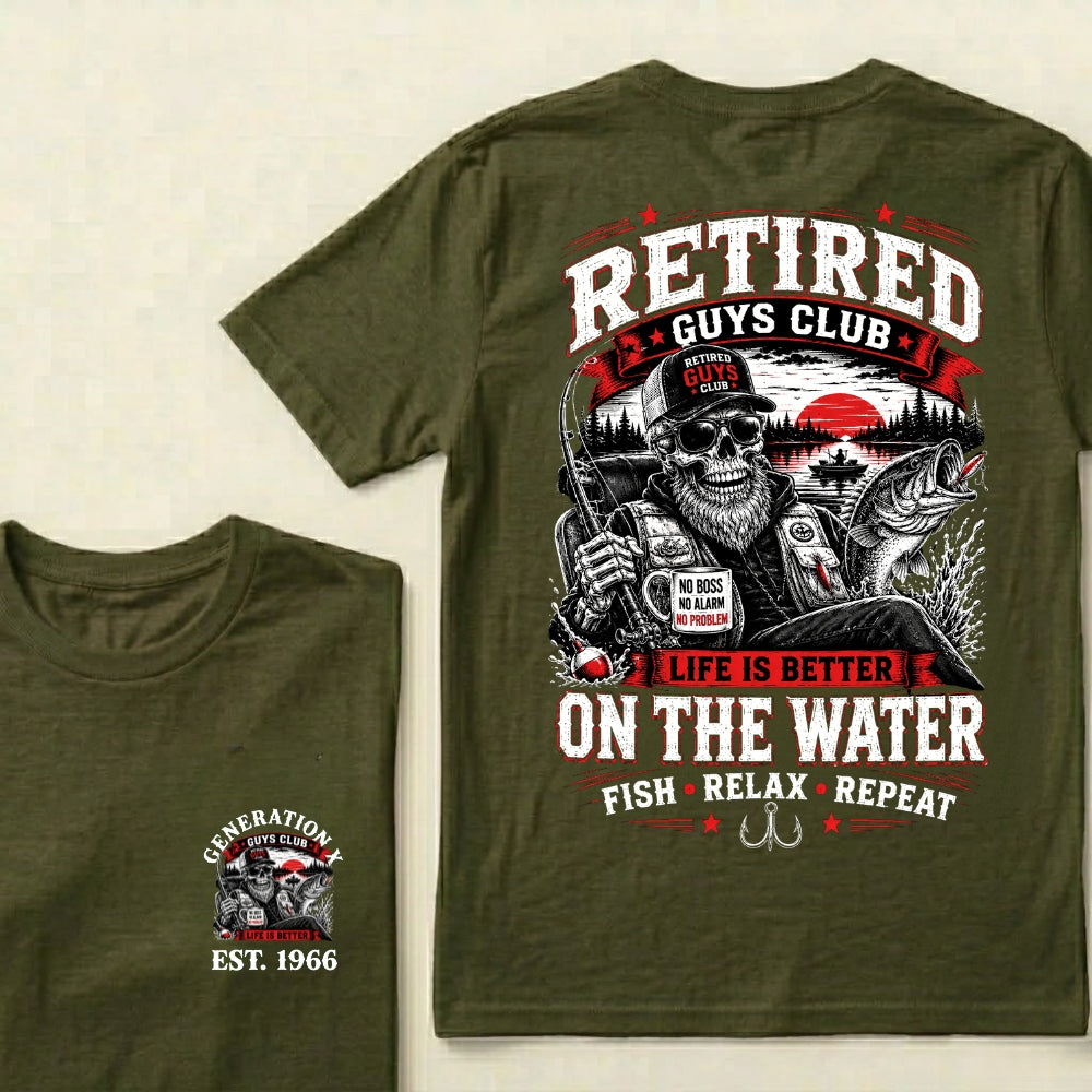 Custom EST.Year Retired Guys Club Life Is Better On The Water Fish Relax Repeat No Boss No Alarm No Problem Skeleton Fisherman Graphic T-Shirt