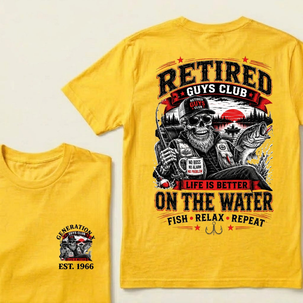 Custom EST.Year Retired Guys Club Life Is Better On The Water Fish Relax Repeat No Boss No Alarm No Problem Skeleton Fisherman Graphic T-Shirt