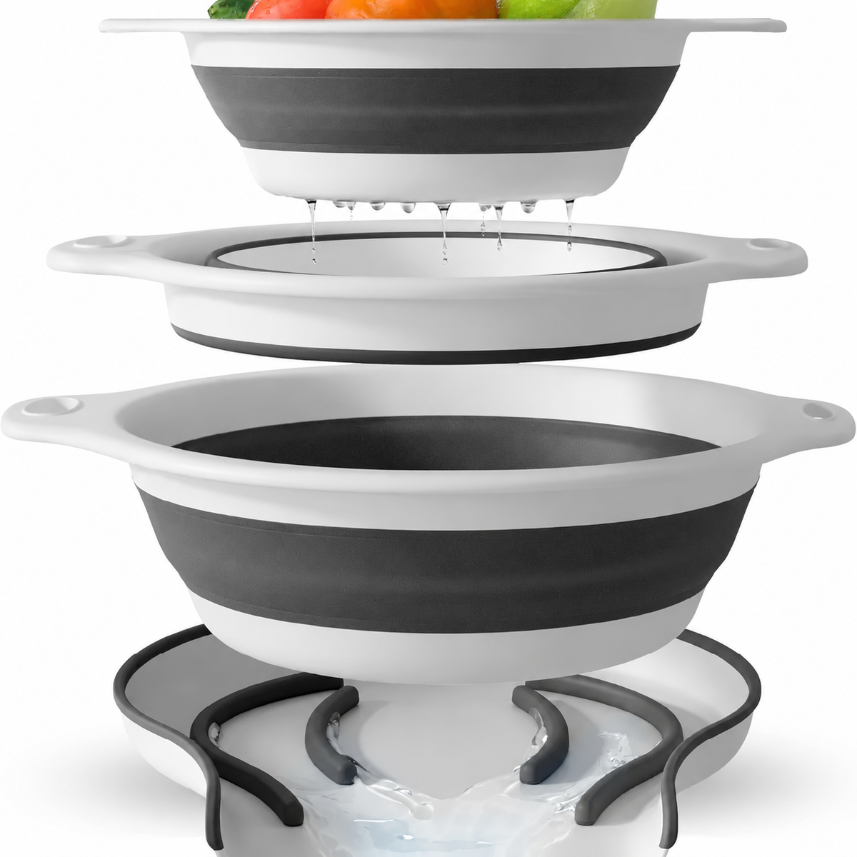 Collapsible Colanders 3-Pack – Sturdy Kitchen Strainer Set with Compact Over-Sink Self-Drainage Base, 3 Sizes (2.8 L, 3.8 L and 4.7 L), White