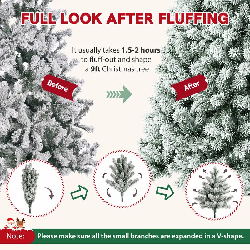Pre-Lit Snow-Flocked Artificial Christmas Tree – 250 Warm White LED Lights, 8 Lighting Modes, Full Branches and Sturdy Foldable Metal Stand