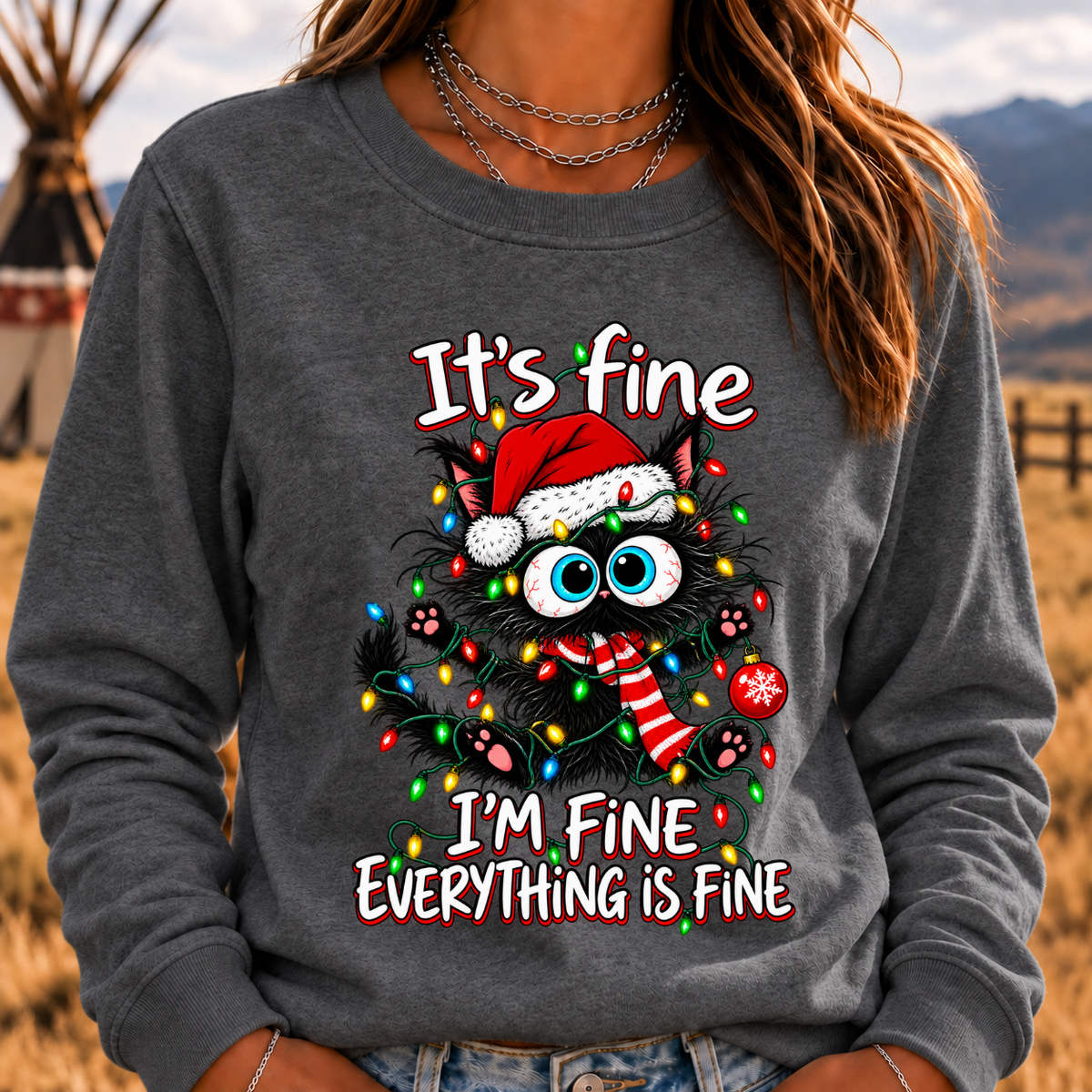 It's Fine I'm Fine Everything Is Fine Funny Christmas Black Cat Crewneck Sweatshirt