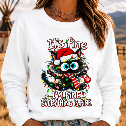 It's Fine I'm Fine Everything Is Fine Funny Christmas Black Cat Crewneck Sweatshirt