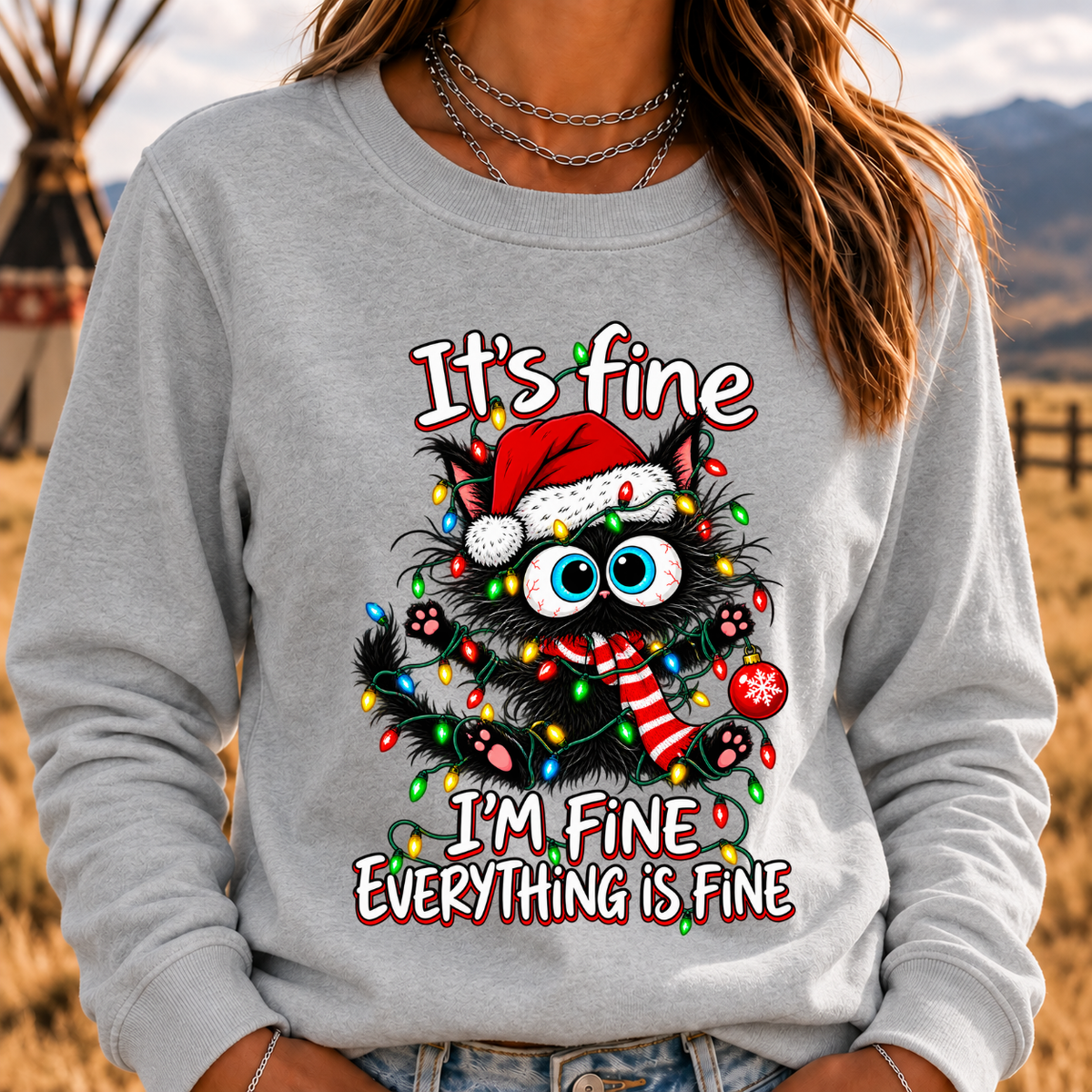 It's Fine I'm Fine Everything Is Fine Funny Christmas Black Cat Crewneck Sweatshirt