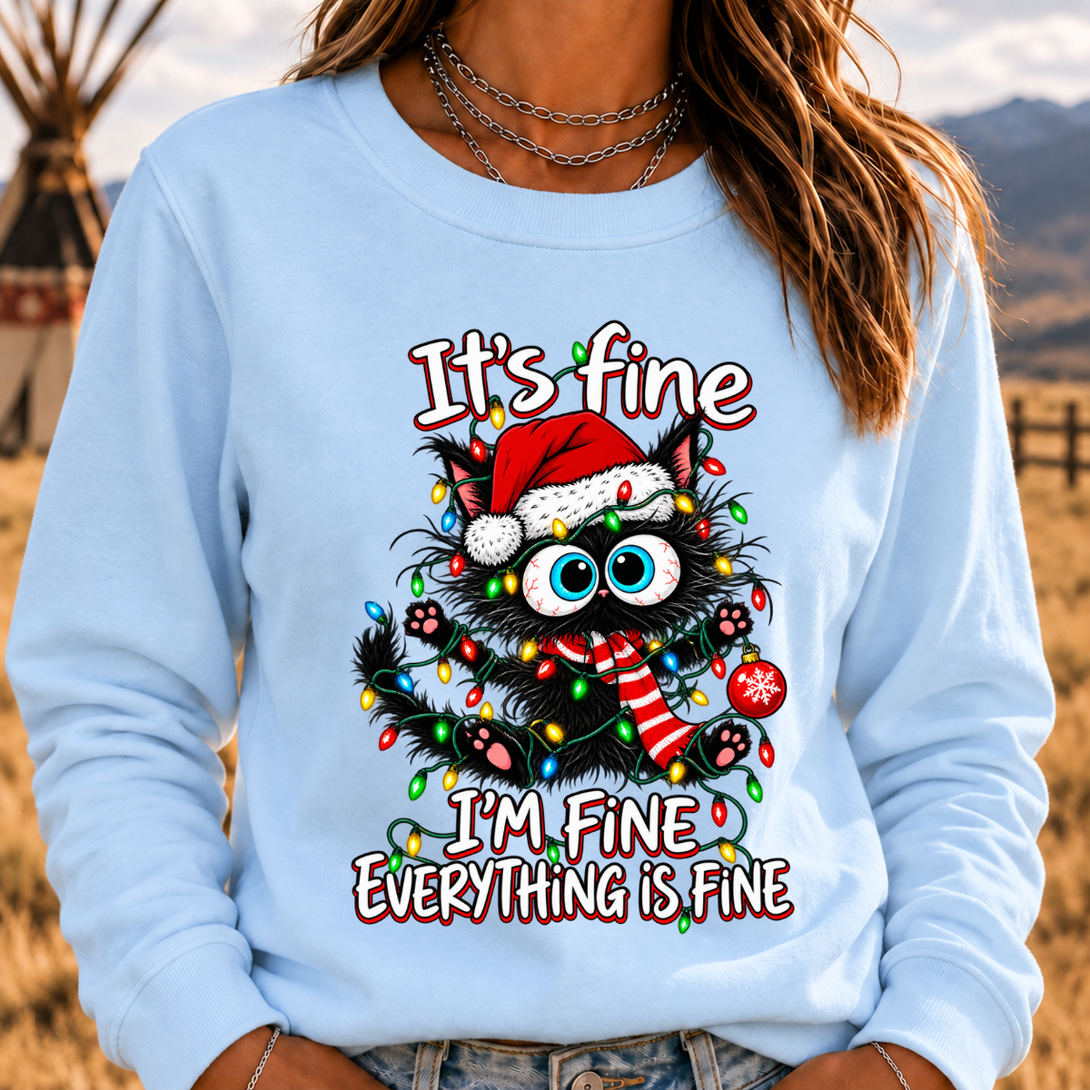 It's Fine I'm Fine Everything Is Fine Funny Christmas Black Cat Crewneck Sweatshirt
