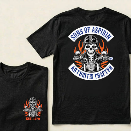 Custom Year Sons Of Aspirin Arthritis Chapter Funny Biker Skull Motorcycle Graphic T-Shirt
