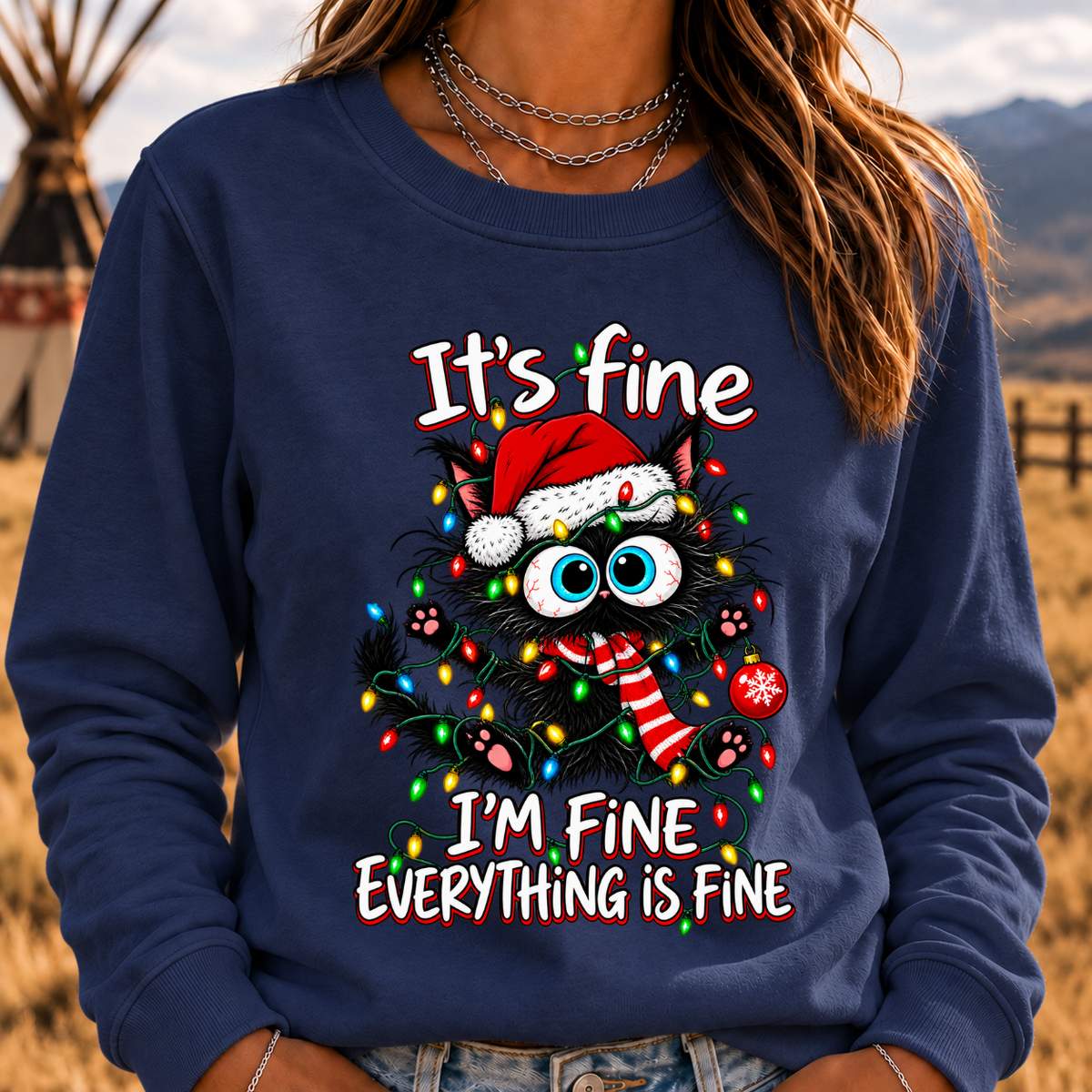 It's Fine I'm Fine Everything Is Fine Funny Christmas Black Cat Crewneck Sweatshirt
