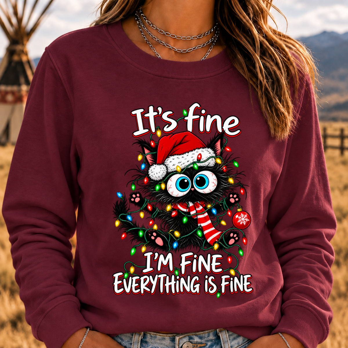 It's Fine I'm Fine Everything Is Fine Funny Christmas Black Cat Crewneck Sweatshirt