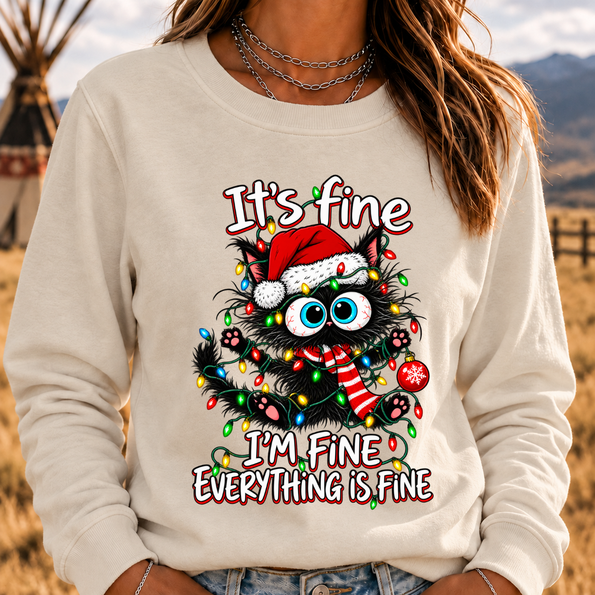 It's Fine I'm Fine Everything Is Fine Funny Christmas Black Cat Crewneck Sweatshirt