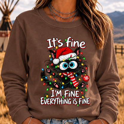 It's Fine I'm Fine Everything Is Fine Funny Christmas Black Cat Crewneck Sweatshirt