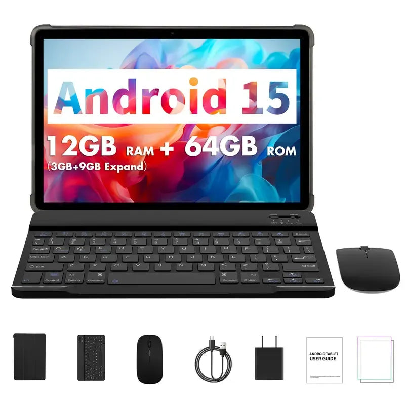 25.4 cm LCD Touchscreen Tablet with 16 GB (4 GB + 12 GB Expanded) RAM, 64 GB ROM, Android 15, Portable Bluetooth Keyboard and Mouse Set for Home Office and Gifting