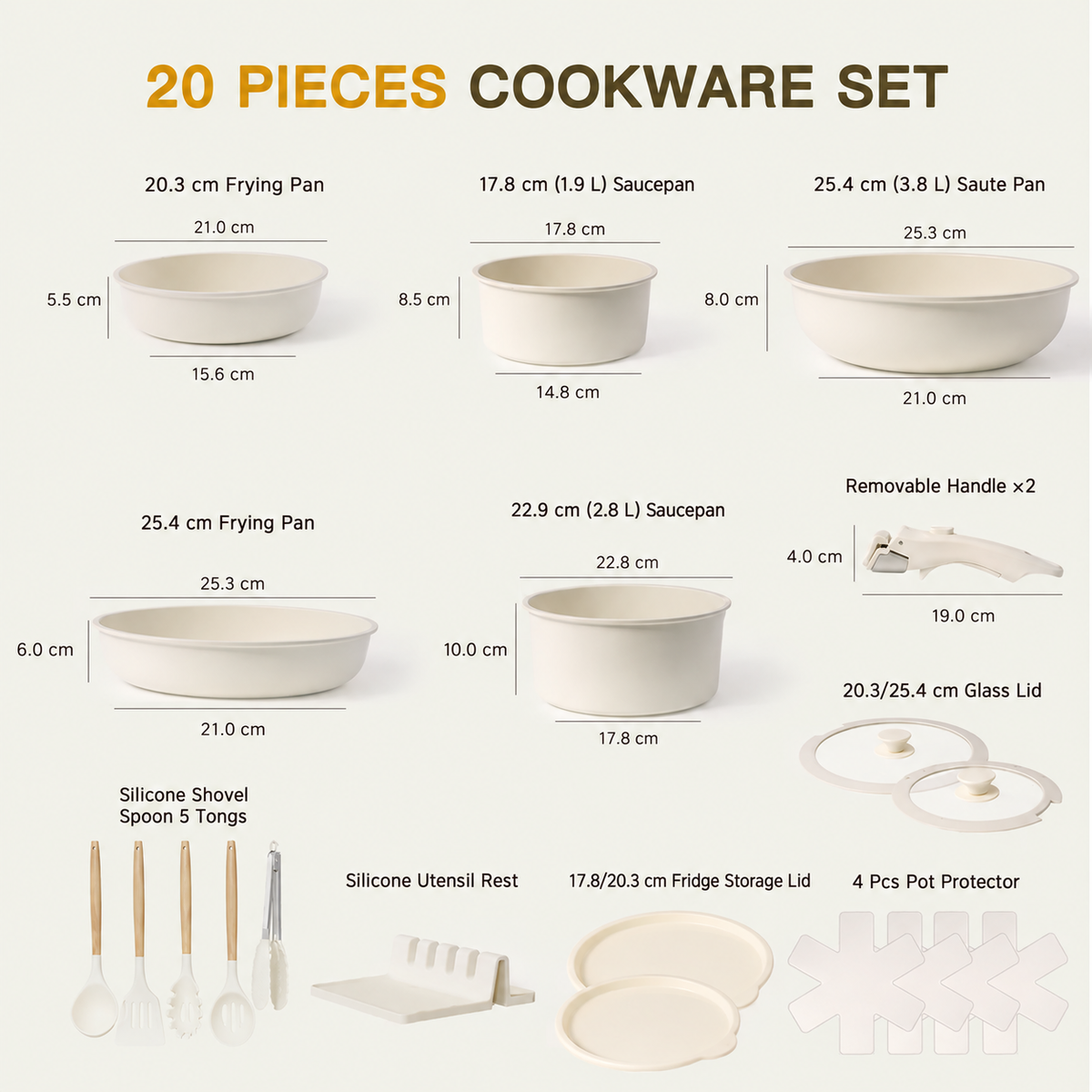 20-Piece Non-Stick Aluminium Pots and Pans Set with Detachable Handle – Oven-Safe, Dishwasher-Safe and Stackable Cookware for Modern Kitchens and Motorhomes
