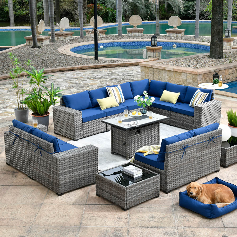 Ovios 13 Pieces Outdoor Patio Furniture Set with Fire Pit Table and Chairs with Wide Armrests