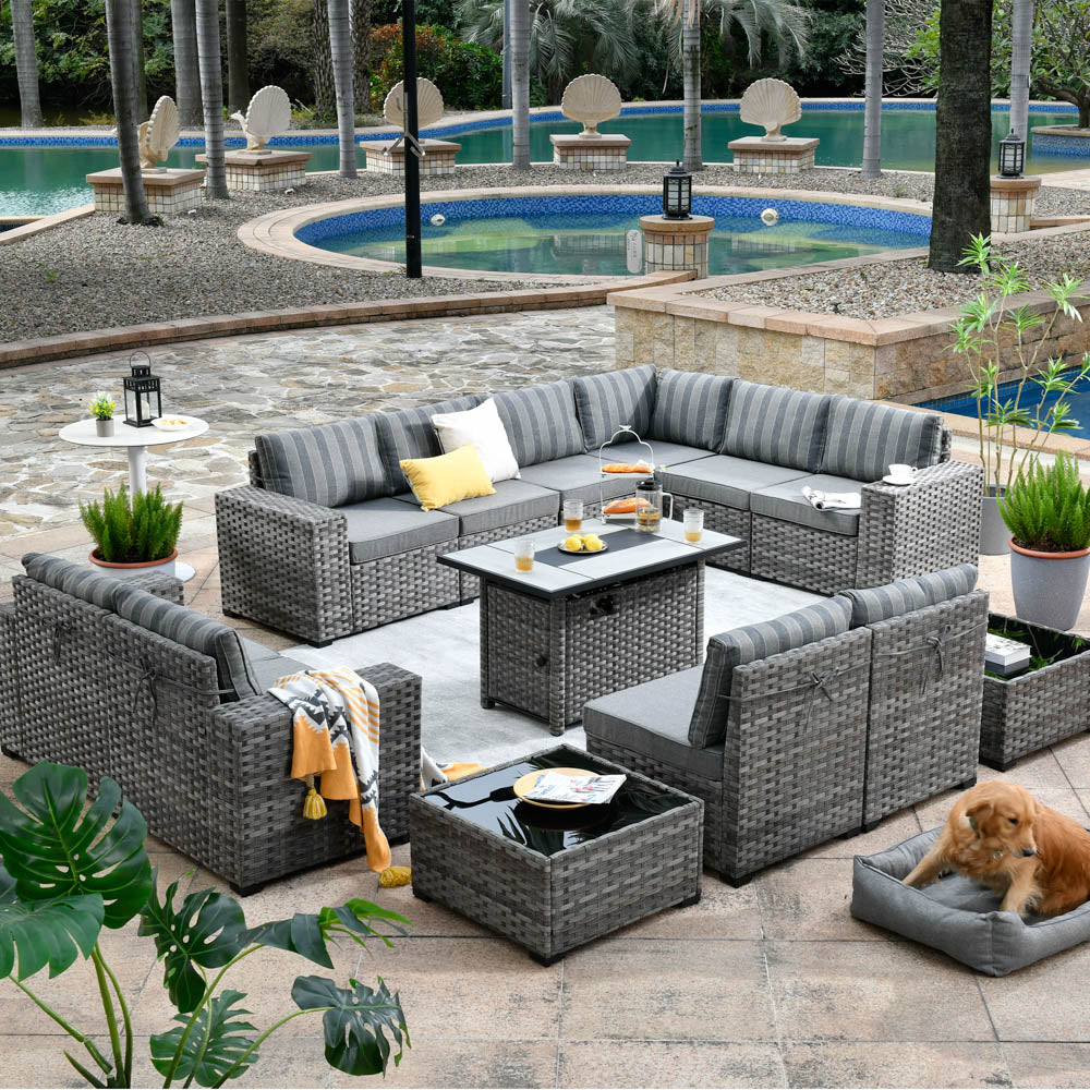 Ovios 13 Pieces Outdoor Patio Furniture Set with Fire Pit Table and Chairs with Wide Armrests