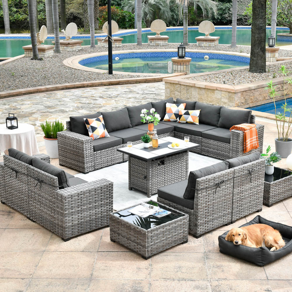 Ovios 13 Pieces Outdoor Patio Furniture Set with Fire Pit Table and Chairs with Wide Armrests