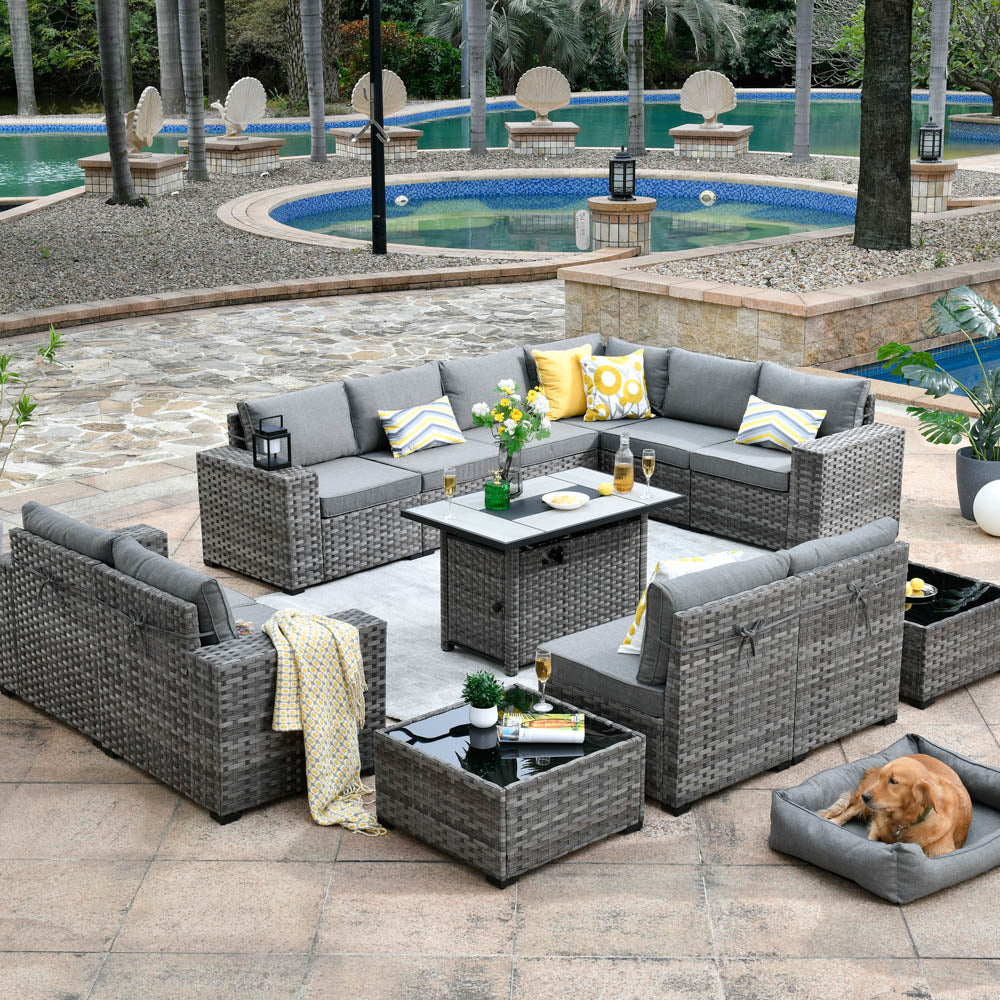 Ovios 13 Pieces Outdoor Patio Furniture Set with Fire Pit Table and Chairs with Wide Armrests