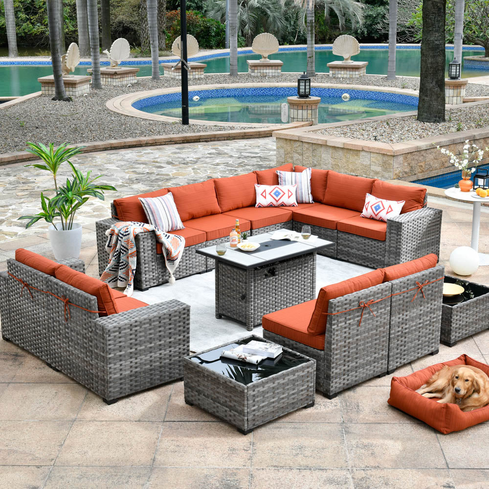 Ovios 13 Pieces Outdoor Patio Furniture Set with Fire Pit Table and Chairs with Wide Armrests