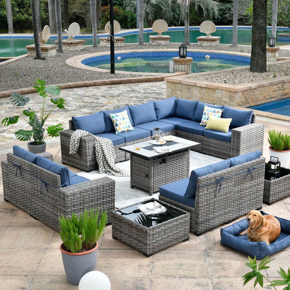 Ovios 13 Pieces Outdoor Patio Furniture Set with Fire Pit Table and Chairs with Wide Armrests
