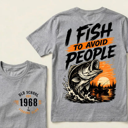 Custom EST.Year I Fish To Avoid People Old School 1968 Bass Fishing Sunset Lake Graphic T-Shirt