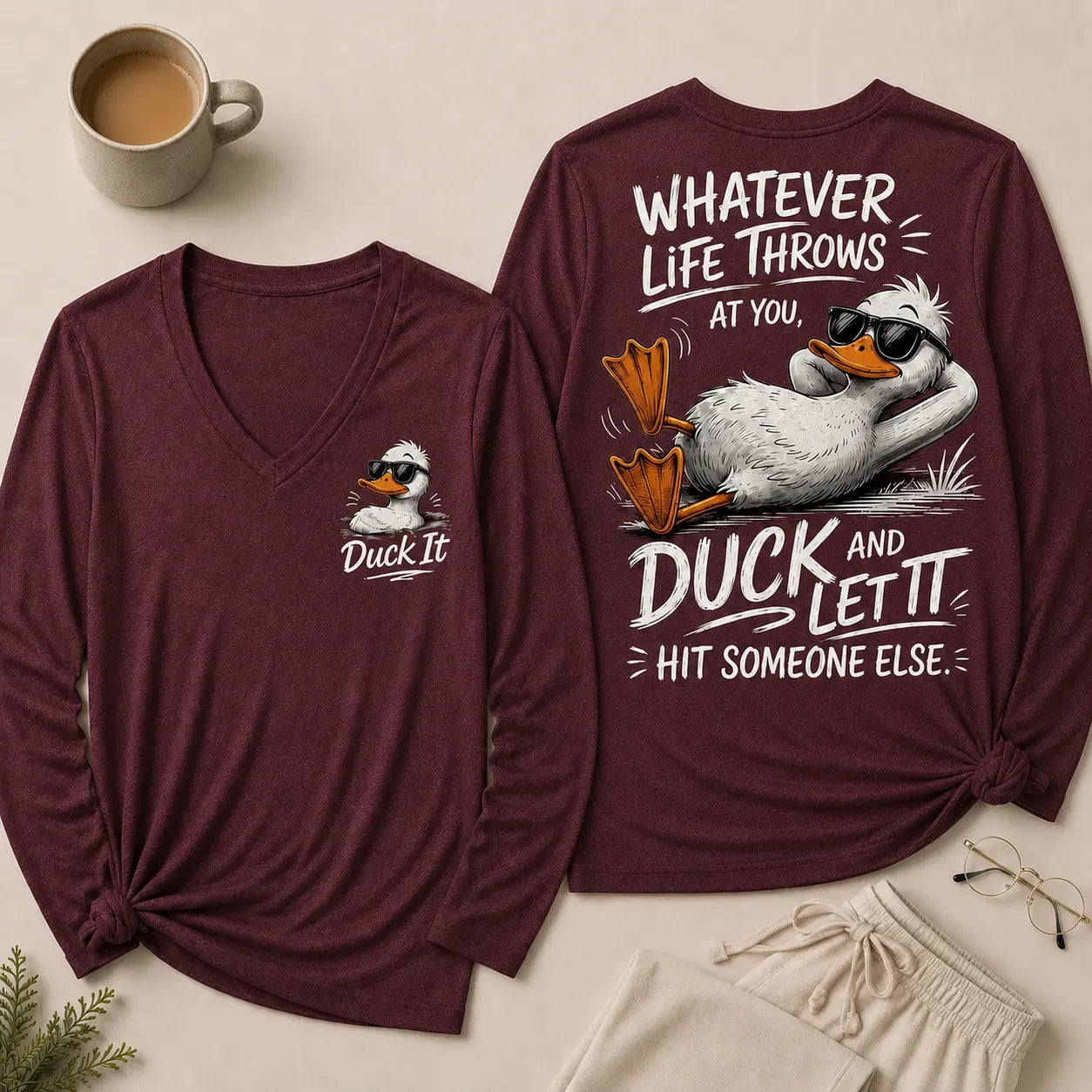 Whatever Life Throws at You – Duck It V-Neck Long Sleeve Shirts
