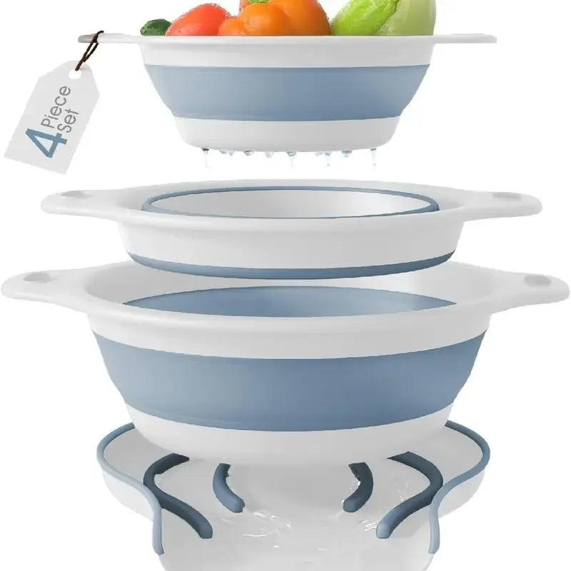 Collapsible Colanders 3-Pack – Sturdy Kitchen Strainer Set with Compact Over-Sink Self-Drainage Base, 3 Sizes (2.8 L, 3.8 L and 4.7 L), White