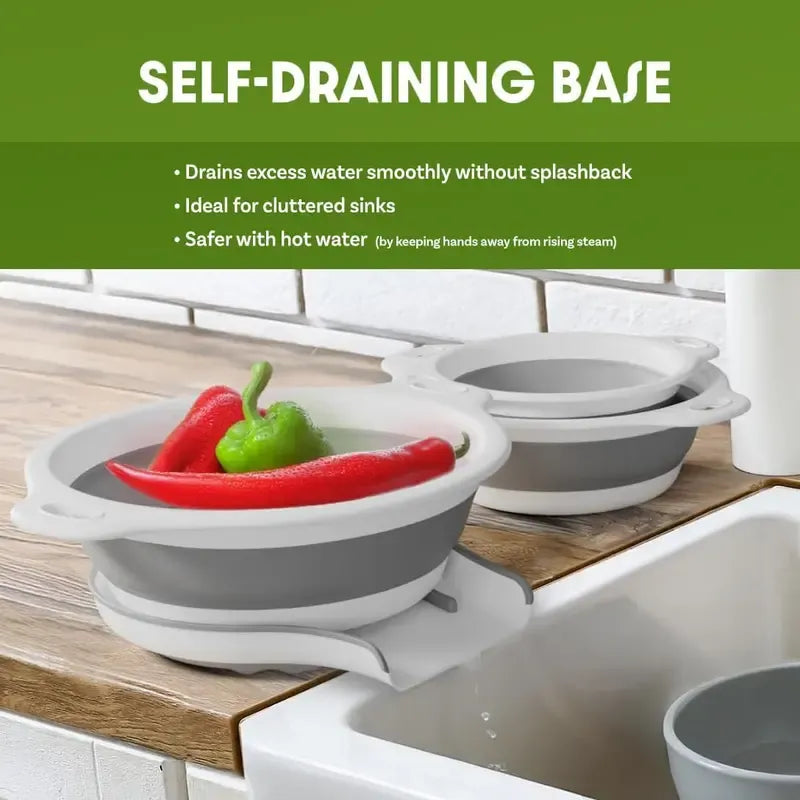Collapsible Colanders 3-Pack – Sturdy Kitchen Strainer Set with Compact Over-Sink Self-Drainage Base, 3 Sizes (2.8 L, 3.8 L and 4.7 L), White