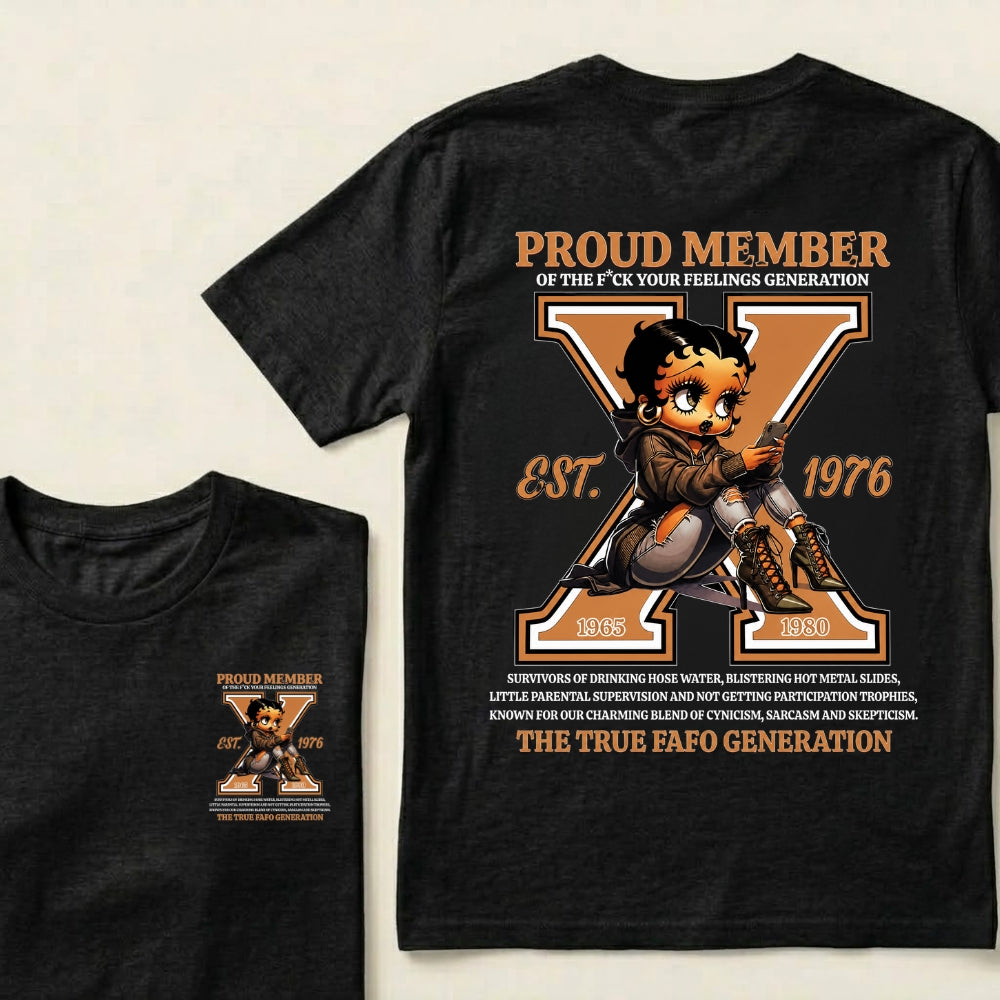 Custom EST.Year Proud Member Of The Fuck Your Feelings Generation X Betty Boop Graphic T‑Shirt