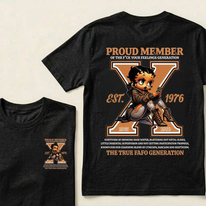 Custom EST.Year Proud Member Of The Fuck Your Feelings Generation X Betty Boop Graphic T‑Shirt