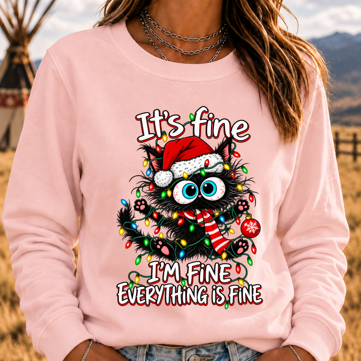 It's Fine I'm Fine Everything Is Fine Funny Christmas Black Cat Crewneck Sweatshirt