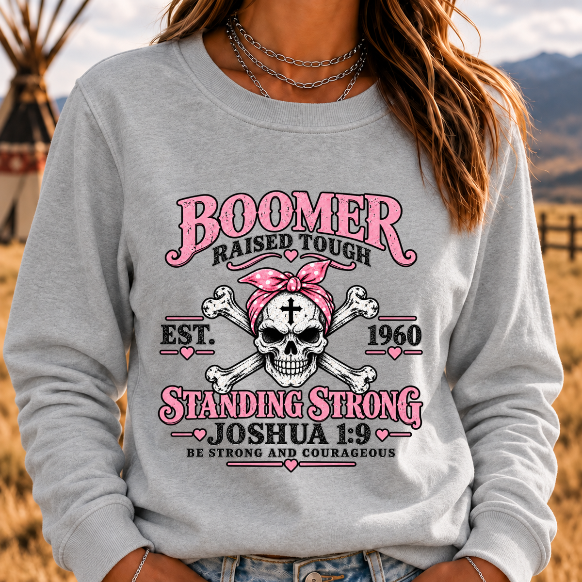 Boomer Raised Tough Standing Strong Joshua 1:9 Christian Skull Crewneck Sweatshirt