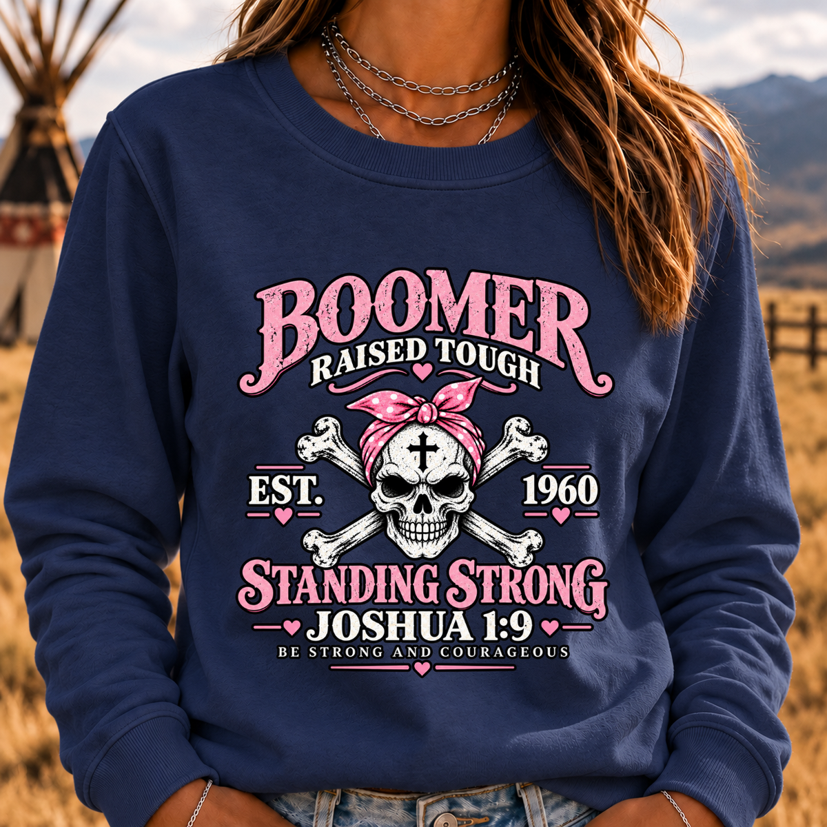 Boomer Raised Tough Standing Strong Joshua 1:9 Christian Skull Crewneck Sweatshirt