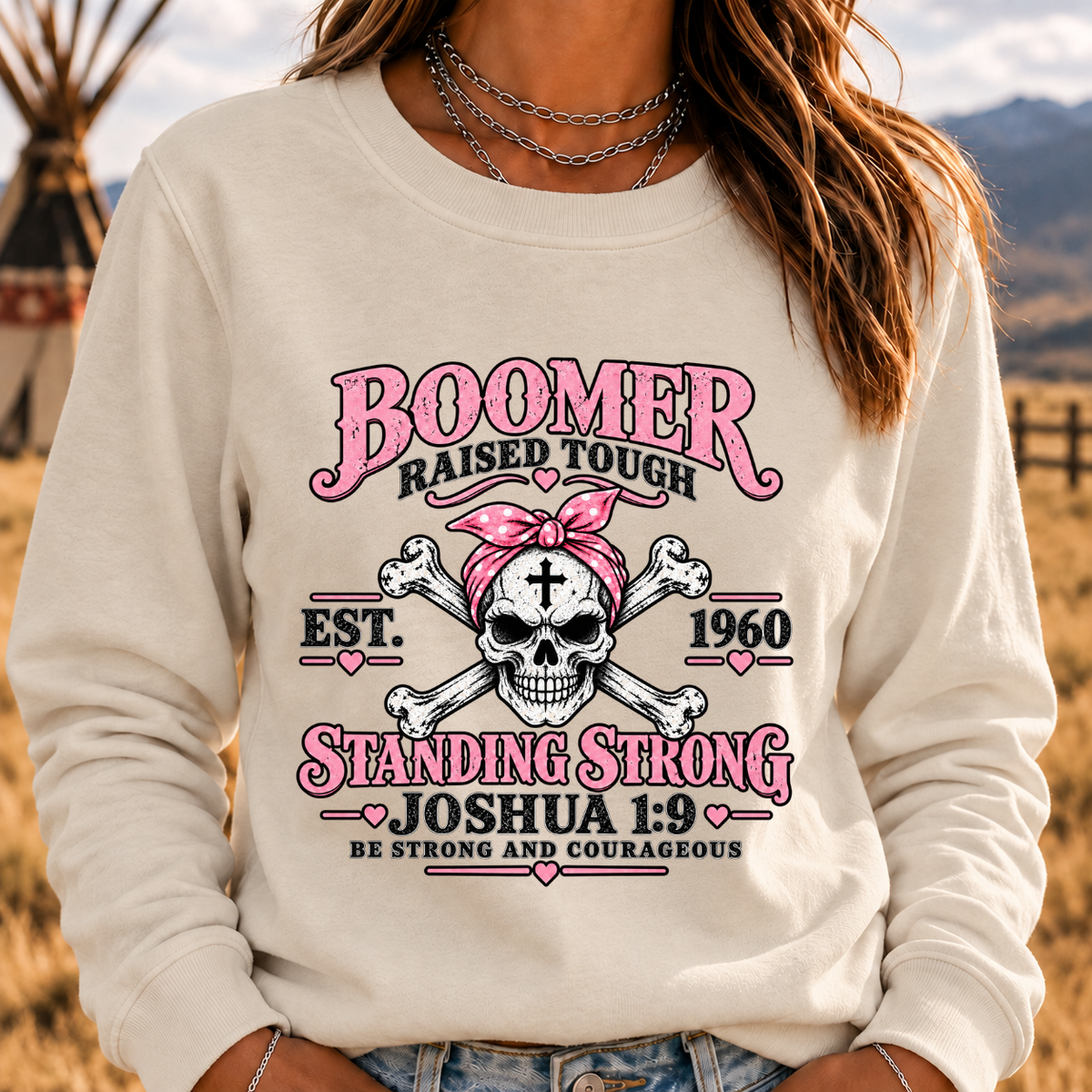 Boomer Raised Tough Standing Strong Joshua 1:9 Christian Skull Crewneck Sweatshirt