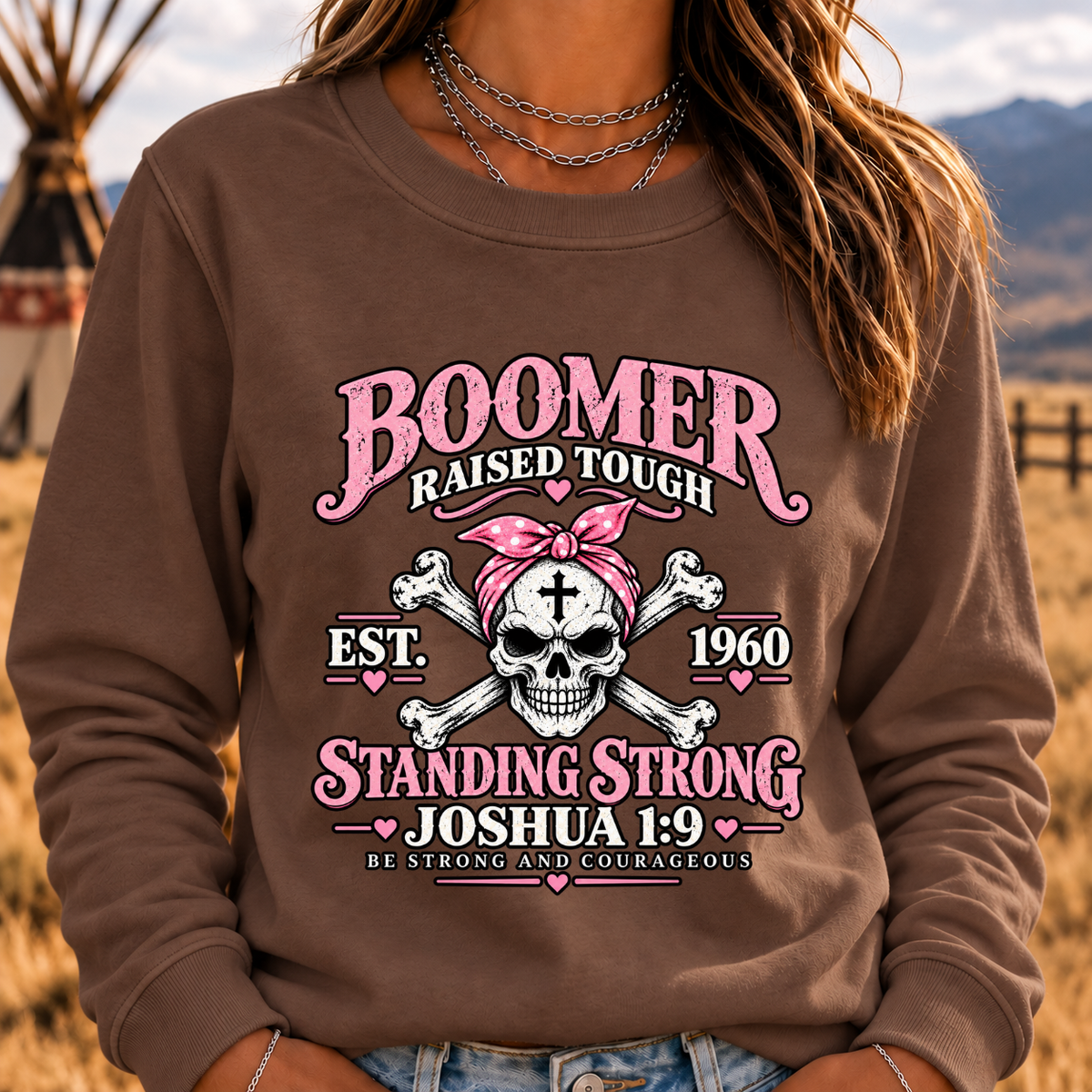 Boomer Raised Tough Standing Strong Joshua 1:9 Christian Skull Crewneck Sweatshirt