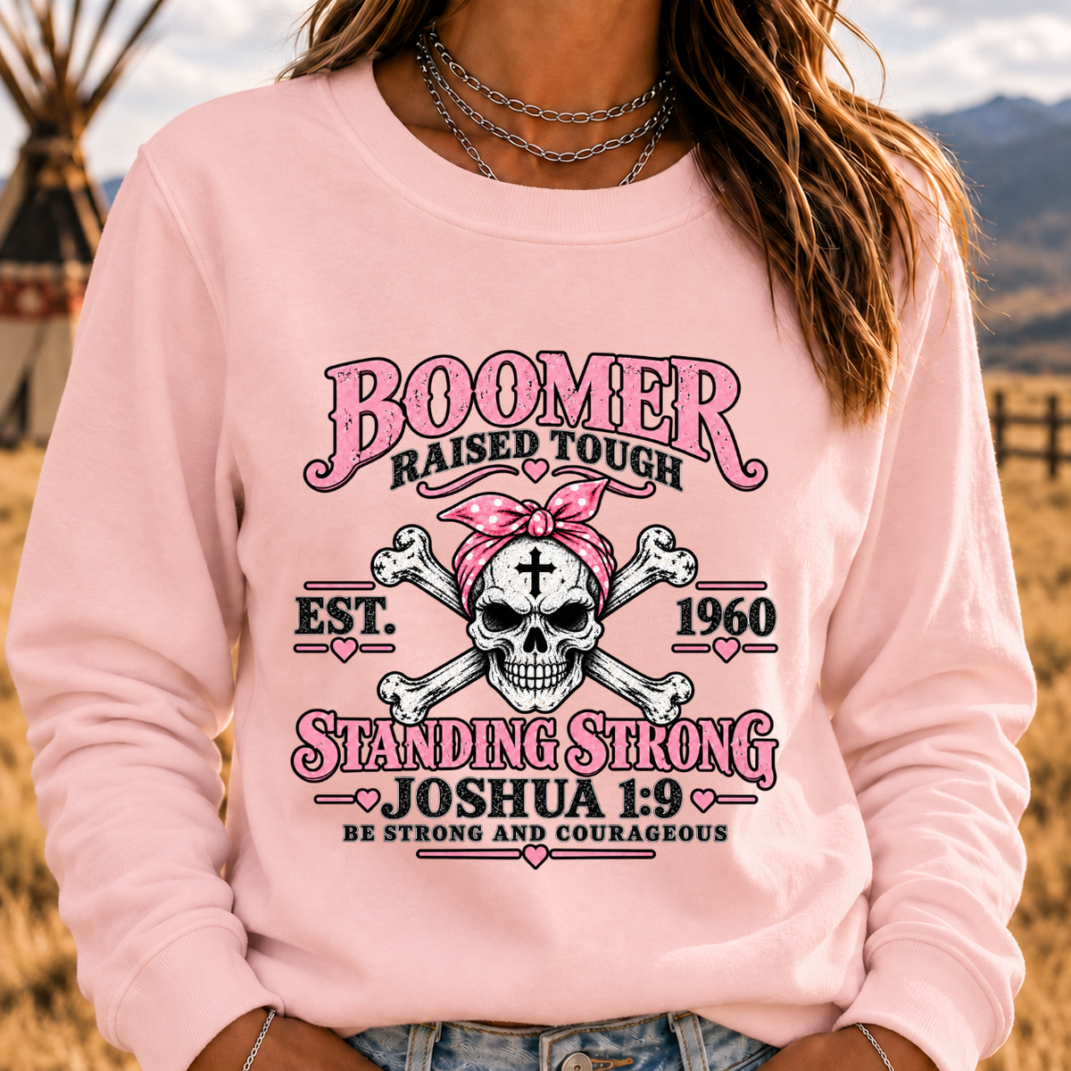 Boomer Raised Tough Standing Strong Joshua 1:9 Christian Skull Crewneck Sweatshirt