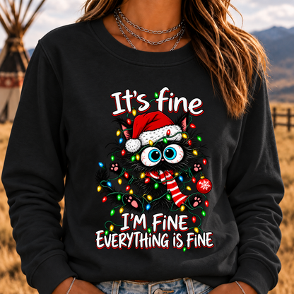 It's Fine I'm Fine Everything Is Fine Funny Christmas Black Cat Crewneck Sweatshirt