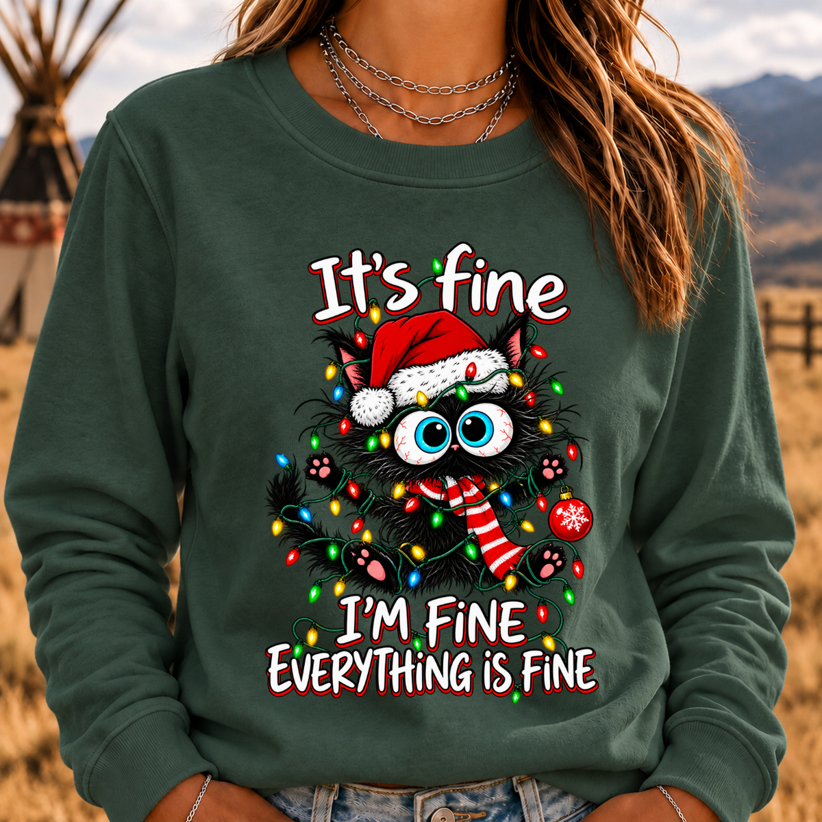 It's Fine I'm Fine Everything Is Fine Funny Christmas Black Cat Crewneck Sweatshirt