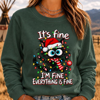 It's Fine I'm Fine Everything Is Fine Funny Christmas Black Cat Crewneck Sweatshirt