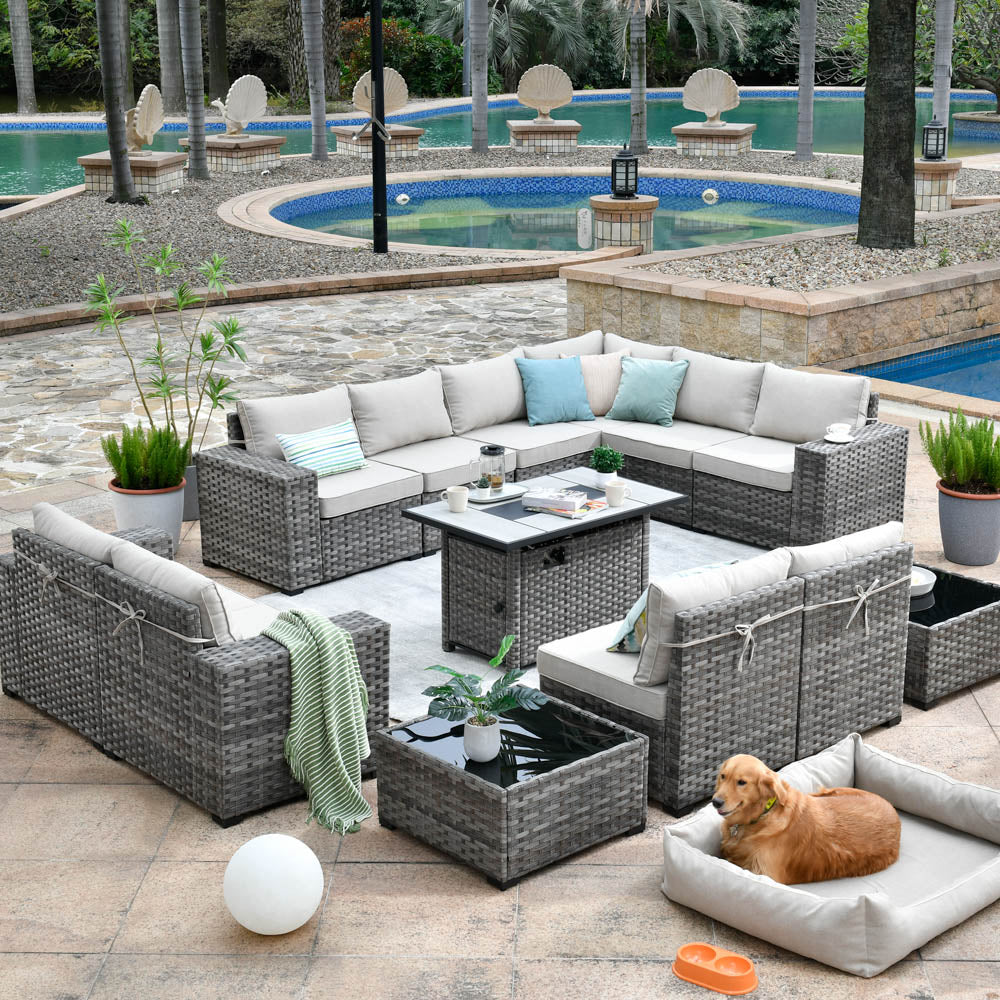 Ovios 13 Pieces Outdoor Patio Furniture Set with Fire Pit Table and Chairs with Wide Armrests