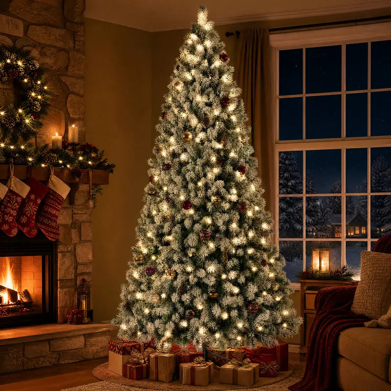 Pre-Lit Snow-Flocked Artificial Christmas Tree – 250 Warm White LED Lights, 8 Lighting Modes, Full Branches and Sturdy Foldable Metal Stand
