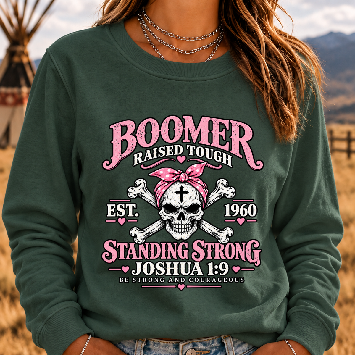 Boomer Raised Tough Standing Strong Joshua 1:9 Christian Skull Crewneck Sweatshirt