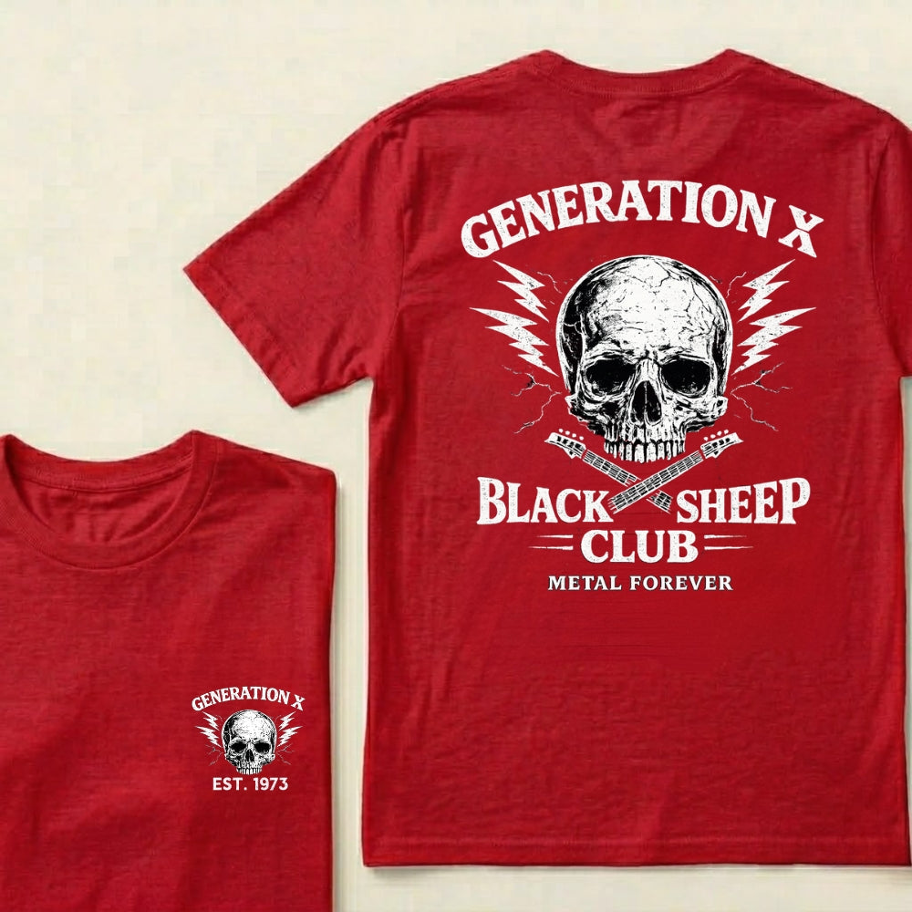 Custom Year Generation X Black Sheep Club Metal Forever Skull Lightning Guitar Graphic T-Shirt