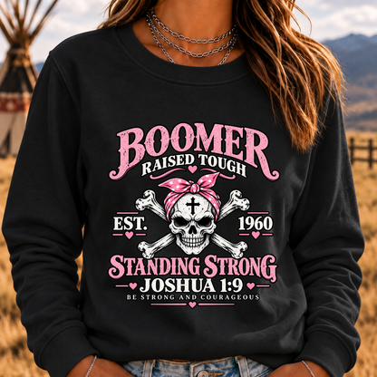 Boomer Raised Tough Standing Strong Joshua 1:9 Christian Skull Crewneck Sweatshirt
