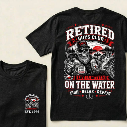 Custom EST.Year Retired Guys Club Life Is Better On The Water Fish Relax Repeat No Boss No Alarm No Problem Skeleton Fisherman Graphic T-Shirt
