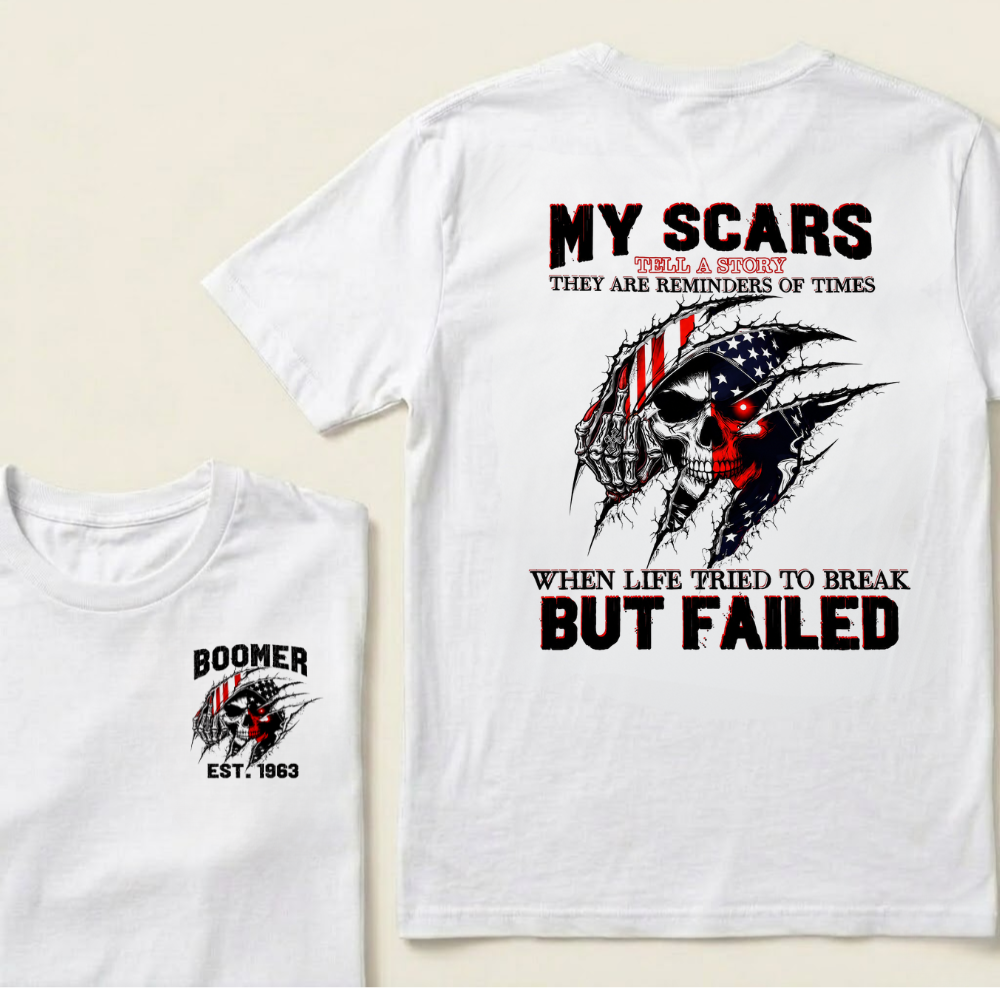 Custom EST.Year & My Scars Tell A Story Double-Sided Patriotic Skull T-Shirt